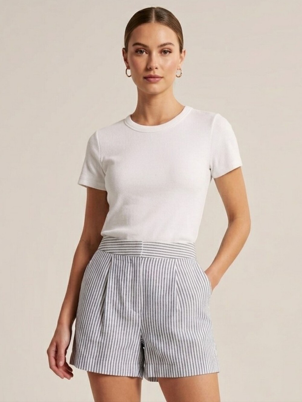 Rachel Zoe Linen Blend Striped High-Waist  Shorts - Grey/green & White